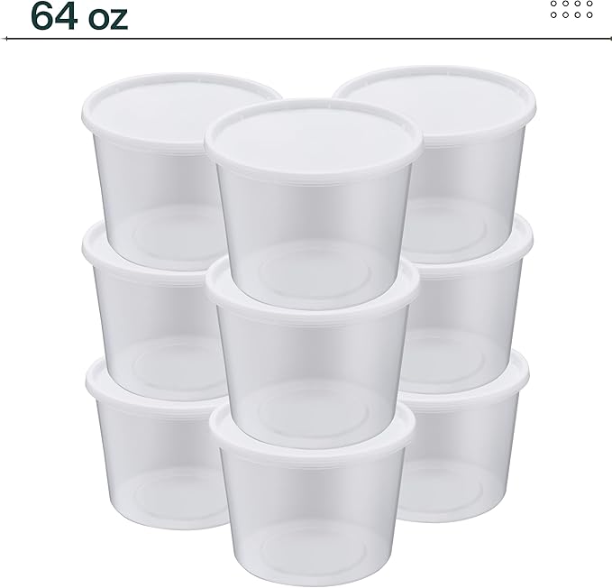 64oz [12 set] Heavy Duty Plastic Deli Container | BPA-Free Food Storage with Airtight Leak‑Proof Lids | Microwave, Freezer & Dishwasher Safe – Stackable, Bulk Reusable Soup & Meal Prep Tub - Image 5