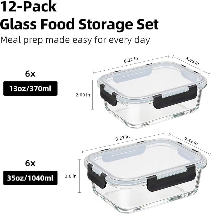 Konokyo Black Glass Food Storage Containers with Lids, Meal Prep, 12 Pack | Airtight Leakproof Meal Prep Containers, BPA-Free, Microwave Oven Freezer & Dishwasher Safe, Assorted Sizes - Image 3