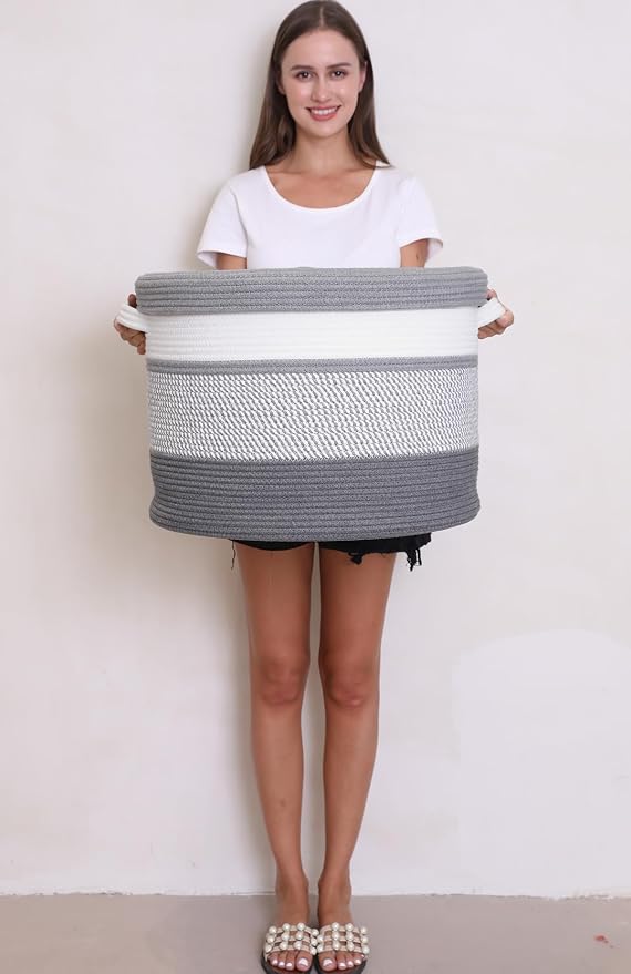 20x15 Inch Extra Large Round Cotton Rope Storage Basket with Lid, Decorative Woven Bin with Cover for Living Room Bedroom Closet, Grey Mix & Dark Grey - Image 8