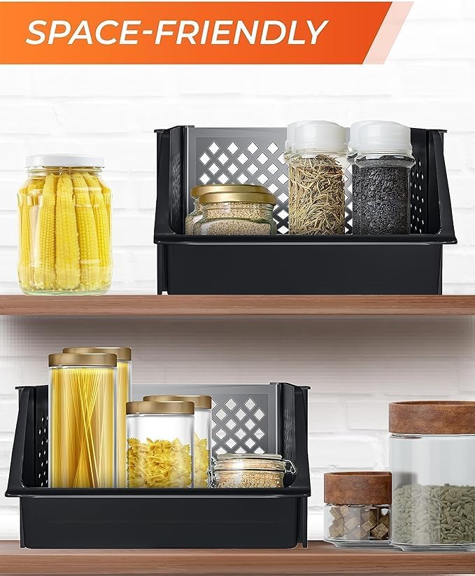 Large Stackable Storage Bins Open Front for Pantry Storage, 6 Pack - Black | Sturdy Plastic, Easy Stacking, Open Front Access, Ventilated Sides, Vertical & Space Saving Pantry Organizers and Storage Bin - Image 5