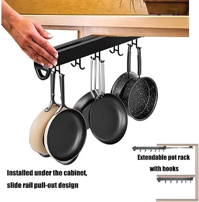 Hanging Pot Rack with 10 Hook for Cabinet 22" Pull Out Pot and Pan organizer Adjustable Pot Racks with Sliding Rail Storage Utility Rack Used for Kitchen/Closet/Cupboard,Load 75LBS - Image 3