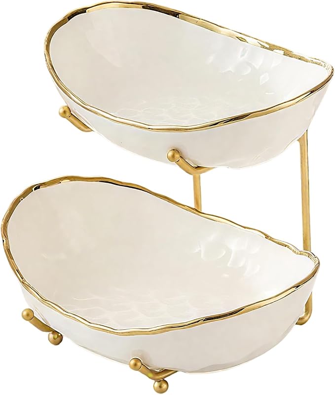 2 Tier Ceramic Fruit Bowl for Kitchen Counter with Metal Rack, Fruit Basket with Stand, Porcelain Bowls for Vegetable Bread Candy Snack Nuts Dessert Cake Tray (Gold 2 layer) by jessie