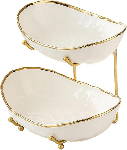 2 Tier Ceramic Fruit Bowl for Kitchen Counter with Metal Rack, Fruit Basket with Stand, Porcelain Bowls for Vegetable Bread Candy Snack Nuts Dessert Cake Tray (Gold 2 layer) by jessie