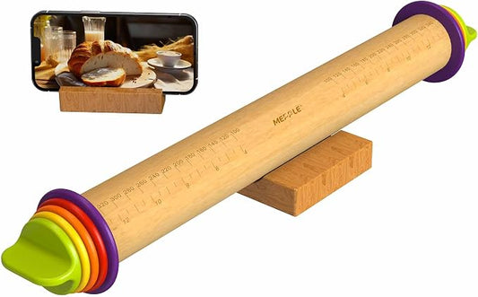 Rolling Pin with Thickness Rings,13.6''Dough Roller&Stand Fit Uniform Dough | Mepple Precision Wood Roller Rod with 4 MultiColor Measuring Rings for Fondant Cookies Pizza Pie Making At Home or Pro Bakers by MeppleMakeYourLifeSimple