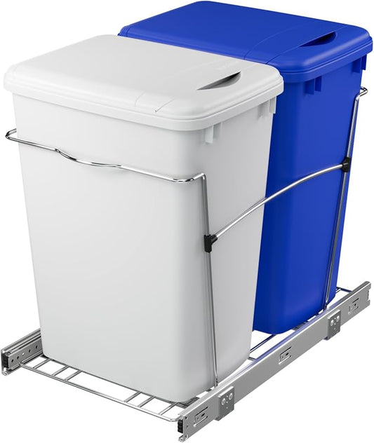 Rev-A-Shelf Double Pullout Garbage Trash Cans for Kitchen Cabinets, 35 Qt | Large Capacity Waste/ Recycling Bins, Heavy Gauge Wire Construction, with Full Extension Slides, Blue/White, RV-18KD-11RC-S by Rev-A-Shelf