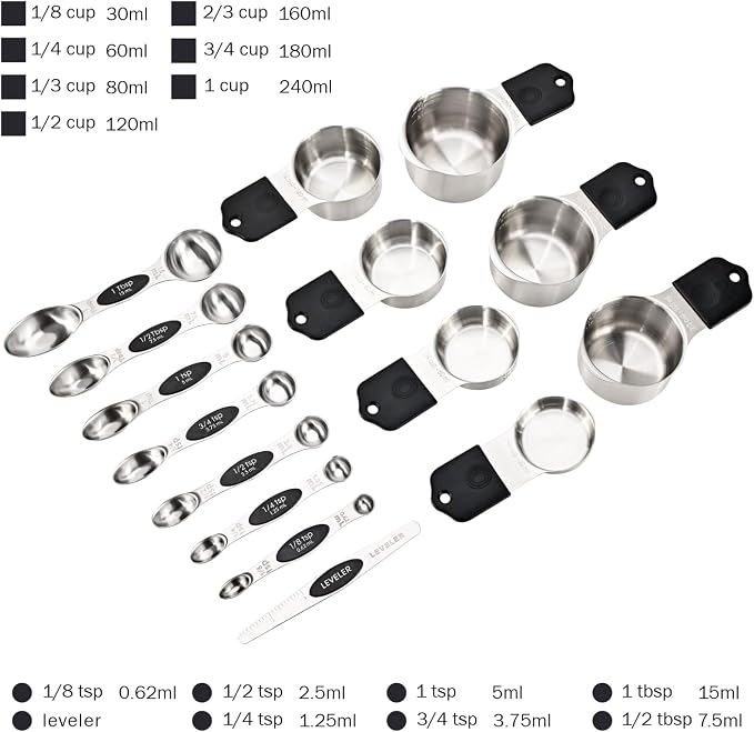 EDELIN Magnetic Measuring Cups and Spoons Set, Stainless Steel 7 cup and 7 spoon with 1 Leveler, 18/8 304 stainless steel (Black 15 sets) - Image 3