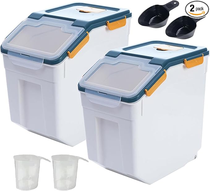 50 lbs Flour Storage Container, 2 Pack Rice Storage Container with Measuring Cup & Scoop, Pet Food Storage Container Dog Cat Food Bin, Blue by MCMEICHUANG
