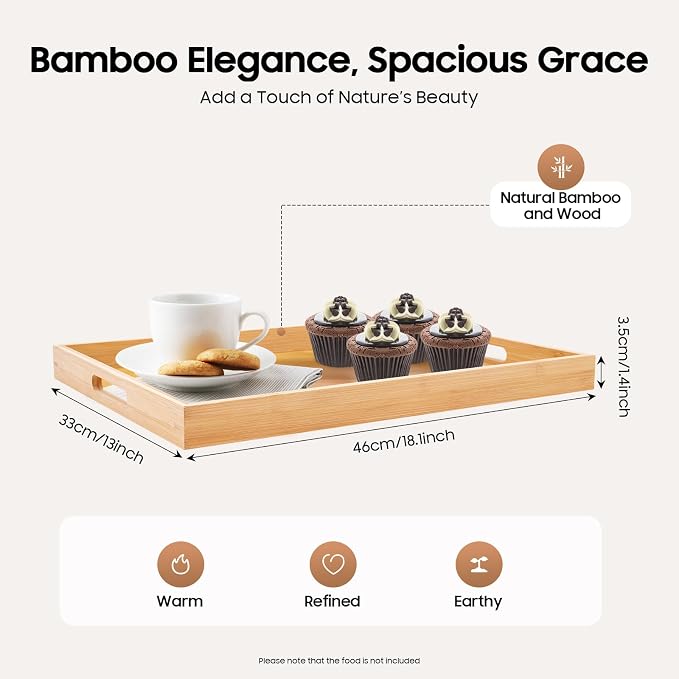 4 Pack Bamboo Serving Tray with Handles Kitchen Large Food Bamboo Tray Couch Tray Tea Decorative Serving Pallet for Dinner, Breakfast, Table Snack, 18.1×13×1.4In - Image 5
