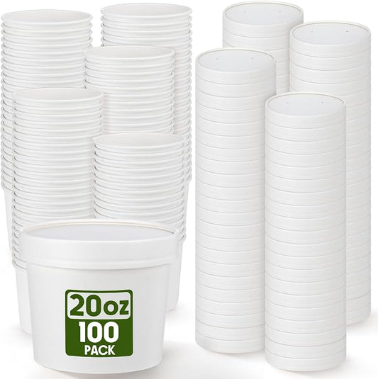 Fulmoon 100 Pack Paper Soup Containers with Lids Disposable Paper Food Containers with Vented Lid Kraft Ice Cream Cake Dessert Cups Soup Bowl for Party Hot Food Fruit Microwave(20 oz,White) by Fulmoon