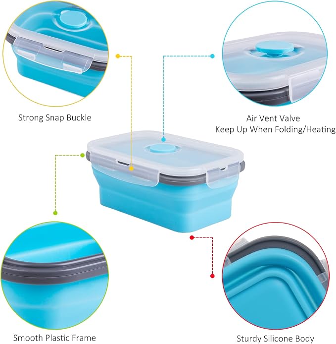 Collapsible Food Storage Containers with Airtight Lid, 16.9 oz, Small Kitchen Stacking Silicone Collapsible Meal Prep Container Set for Leftover, Microwave Freezer Dishwasher Safe, 4 Colors, Set of 4 - Image 4