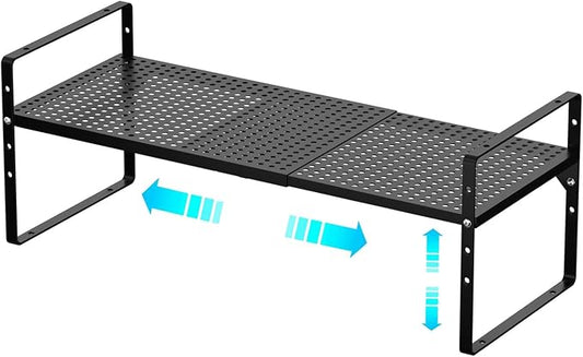 Redrubbit Expandable Cabinet Storage Shelf, Adjustable Height Steel Metal Kitchen Counter Organizers Shelves Spice Rack for Kitchen Pantry Bathroom Cupboard Desk Home Office, Black-1 Pack by Redrubbit
