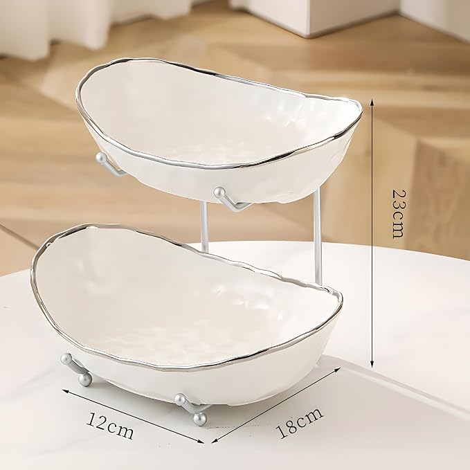 White Fruit Bowl with Silver Metal Stand, 2 Tier Modern Ceramic Fruit Bowl Fruit Rack for Kitchen Counter, Tiered Fruit Basket for Snacks Bread Candy Storage (White B,2 Tier) - Image 2
