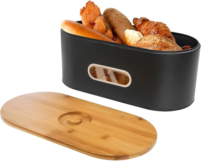 SOTECH Extra Large Bread Box Metal Bread Bin with Bamboo Lid&Window Modern Food Storage Container for Kitchen Counter Kitchen Decor Organizer Farmhouse Black (Black box with 3jars) - Image 2