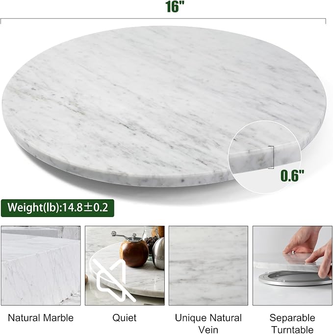 Marble Lazy Susan, 16” Lazy Susan for Table Top Detachable Turntable Organizer for Cabinet Pantry Kitchen Countertop Fridge Bathroom Makeup Vanity Countertop, Bianco Carrara - Image 7