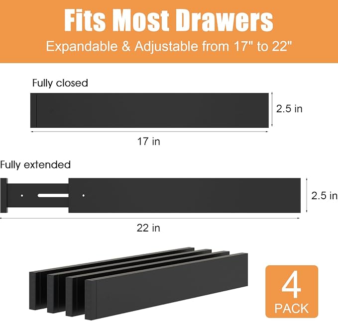 Bamboo Drawer Dividers, Adjustable Drawer Organizers, Fits 17.6–21" Drawers | 2.5" High, 4 Pack Expandable Drawer Separators for Kitchen, Nursery, Dressers & Office Storage, Black - Image 3
