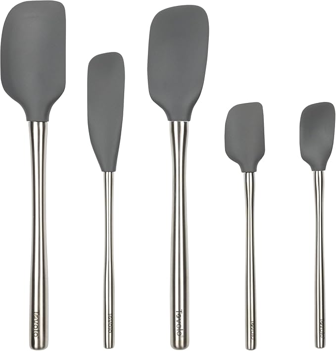 Tovolo Stainless Steel Handled Silicone Spatula Set of 5 Charcoal Gray, Dishwasher Safe Kitchen Spatula Set for Cooking Baking, Non Toxic BPA Free Silicone Spatula set with Metal Steel Handle by Tovolo