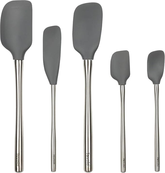 Tovolo Stainless Steel Handled Silicone Spatula Set of 5 Charcoal Gray, Dishwasher Safe Kitchen Spatula Set for Cooking Baking, Non Toxic BPA Free Silicone Spatula set with Metal Steel Handle by Tovolo