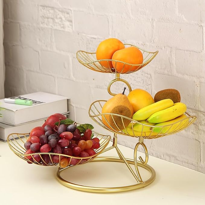 LANDTOM® Metal 3-Tier Fruit Basket Holder Decorative Fruit Bowl Stand, Gold (Type A) by LANDTOM