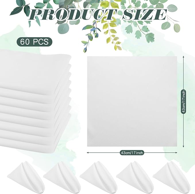 60 Pcs Washable Cloth Napkins 17 x 17 Inch Polyester Dinner Napkins Soft Table Napkins for Weddings Parties Holiday Dining Banquet(White) - Image 2