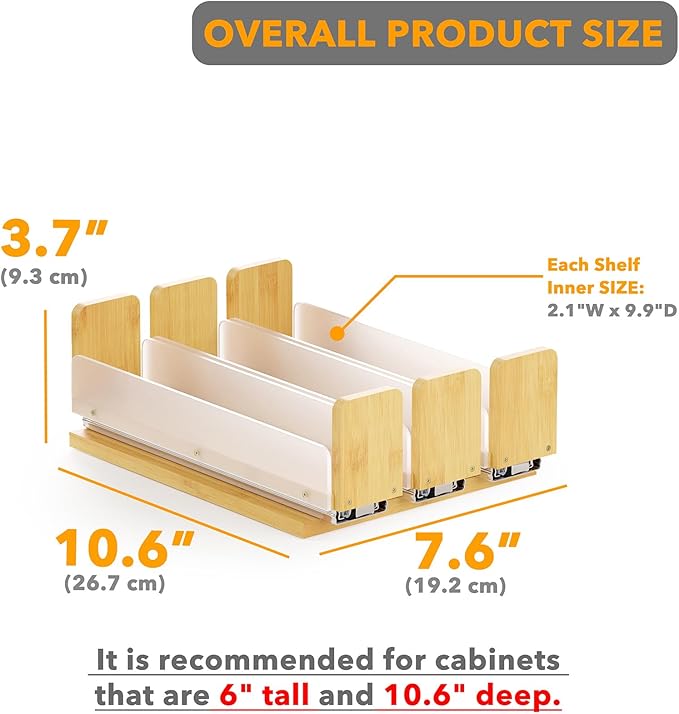SpaceAid Bamboo Pull Out Spice Rack Organizer for Cabinet, Heavy Duty Slide Out Seasoning Kitchen Pantry Sliding Vertical Organization, 7.6" Wide, 3 Drawers(2" Wide), 1-Tier, Natural - Image 3