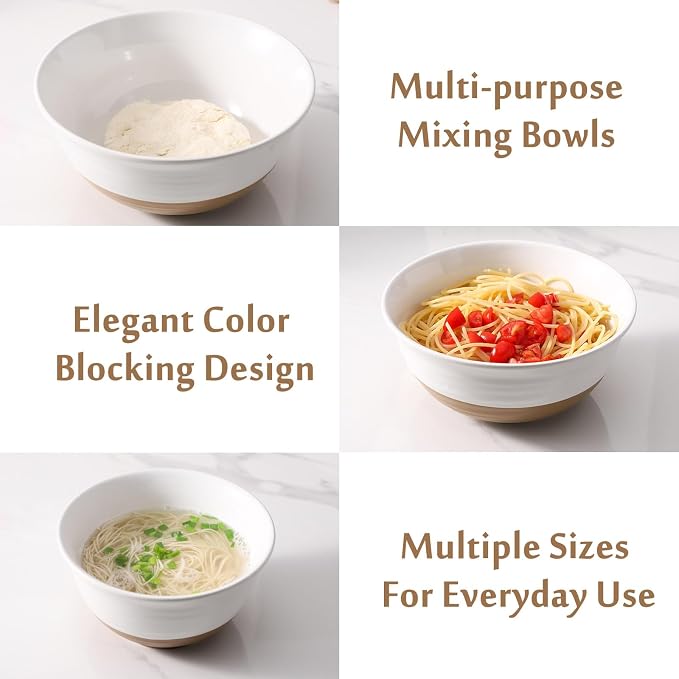 HASENSE Mixing Bowls, Large Ceramic Salad Bowls 2.1/1.5/1.0 Qt, Versatile Serving Bowls for Cooking, Baking, Salad Mixing, Prepping, Nesting White Bowl Set, Dishwasher Safe, Set of 3 - Image 4