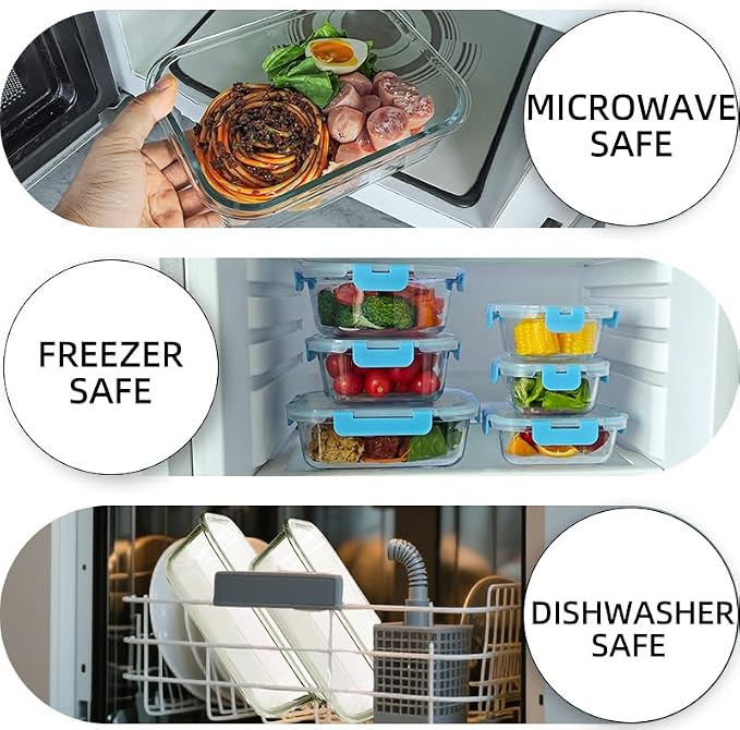 12 Pack Glass Storage Containers Transparent, Stackable Design Meal Prep Containers for Food Storage, Home, Kitchen & Pantry Organization, Microwave/Freezer/Dishwasher Safe - Image 5