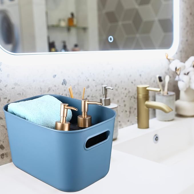 8 Pieces Colorful Storage Bins with Lid, Plastic Storage Basket Organizing Container Stackable Box with Handle for Shelves Desktop Playroom Office(10.2 x 7 x 6.3 Inch,Blue) - Image 5