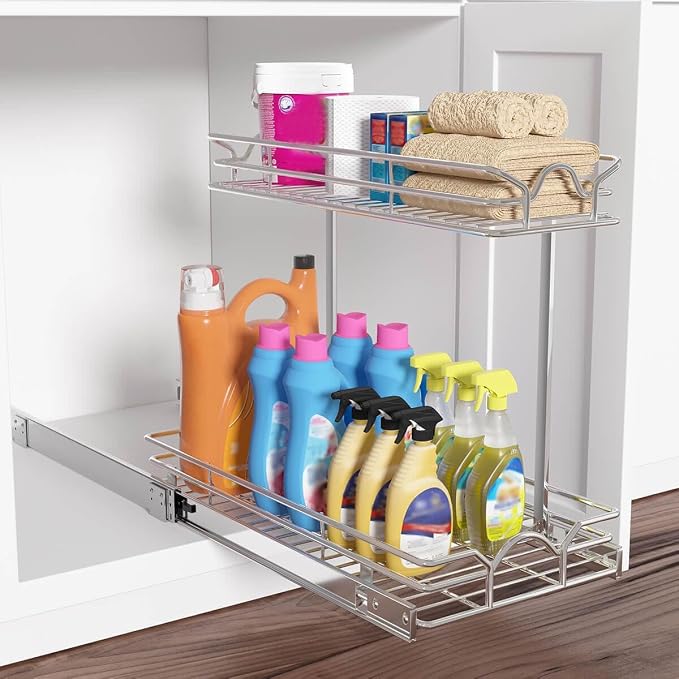 OCG Under Sink Cabinet Organizer Two Tier Pull Out Shelf (11.75W x21D), Under Sink Sliding Shelf for Kitchen Bathroom Cabinet 2 Tier Chrome - Image 3