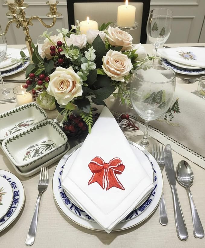 Embroidered Cloth Napkin Red Bow Cotton Napkins Set of 6, 20 x 20 Hemstitch Table Napkins, Machine Washable, for Daily & Holiday Dining, Great Gift Ideas - Image 2