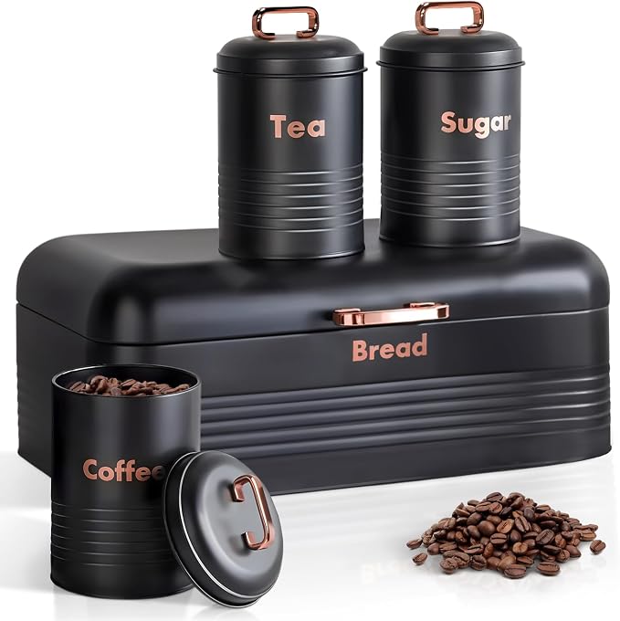 Plexon Black Bread Box for Kitchen Countertop Tea Coffee Sugar Container Set - Metal Bread Container Storage Keeper Organizer - Canister Set of 4 by Plexon
