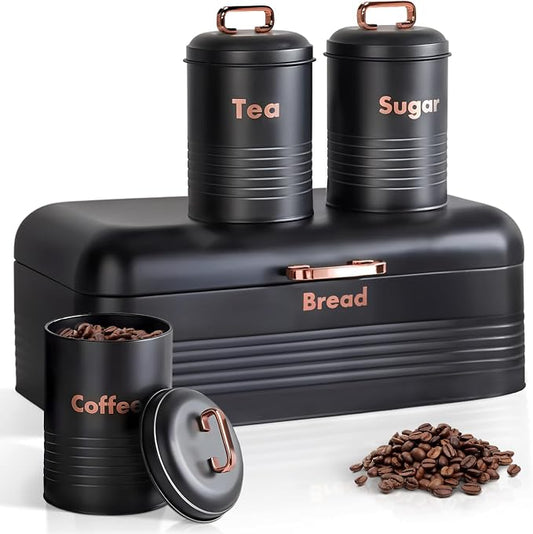 Plexon Black Bread Box for Kitchen Countertop Tea Coffee Sugar Container Set - Metal Bread Container Storage Keeper Organizer - Canister Set of 4 by Plexon