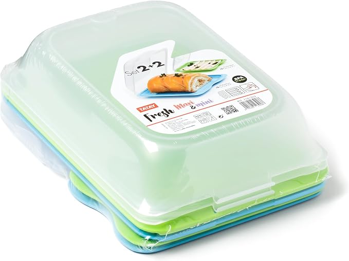 TATAY Cold Meat Containers for Fridge | Set of 4: 2 Maxi + 2 Mini | Fridge Storage | Removable Lid, Stackable | Microwave, Freezer and Dishwasher Safe | BPA-Free, Colour Blue and Lime - Image 2