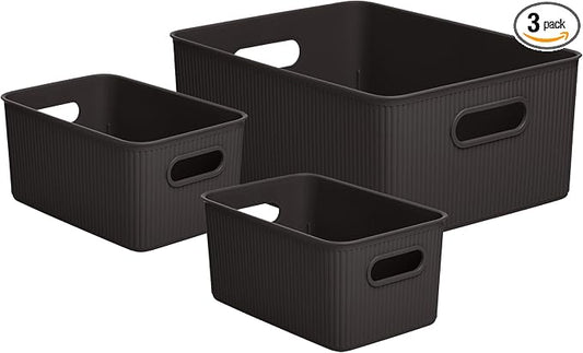 Superio Ribbed Collection - Decorative Plastic Basket Open Home Storage Bins Organizer, Brown (Set of 3) 1 Large, 2 Medium - Container Boxes for Organizing Closet Storage Bins for Shelves by Superio
