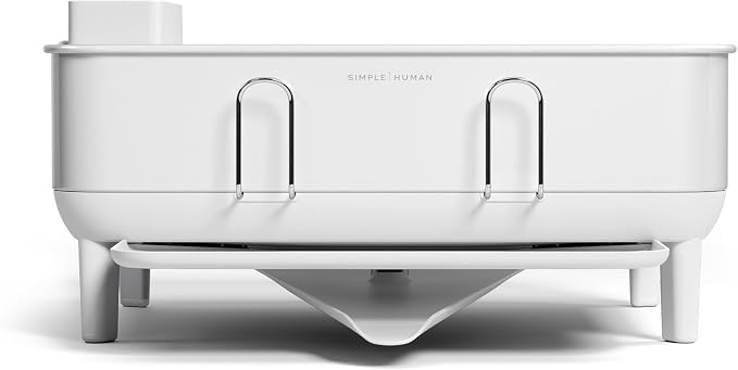 simplehuman Steel Frame Dishrack, Compact Dish Drying Rack for Small Kitchens, 360º Easy Drain Swivel Spout, Anti-Residue Coating, Moisture Control Surface, White - Image 2