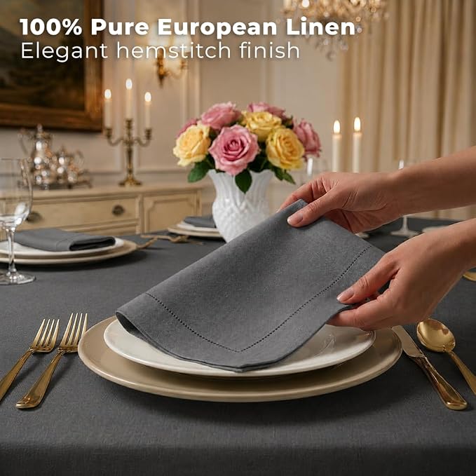 Signature Linen™ by D'Moksha Charcoal Gray Dinner Napkins Set of 4, 20 x 20 Inch Cloth Napkins, 100% Pure Linen, Hemstitch, Machine Washable Table Napkins- Summer, Weddings, Outdoor hostings - Image 3