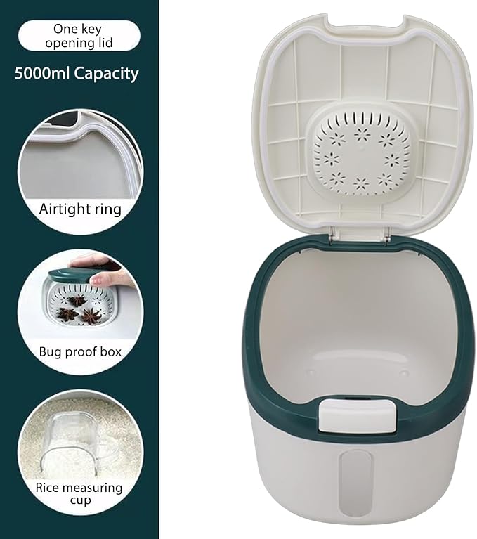Rice Storage Container, Large Capacity Food Storage Container, Airtight Food Storage Container with Measuring Cup, Covered Rice Bucket, Cereal Dispenser Bin for Grains Nuts(M Green (10kg/22.0lb)) - Image 7