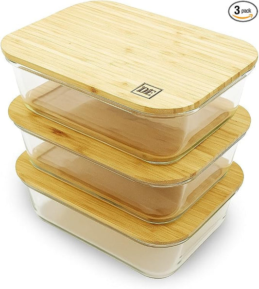 DE Plastic-Free Glass Storage Containers (3-Pack, 51oz) with Bamboo Lids – Eco-Friendly, Airtight, Reusable – Oven, Microwave & Dishwasher Safe – BPA-Free & Sustainable. by Unknown
