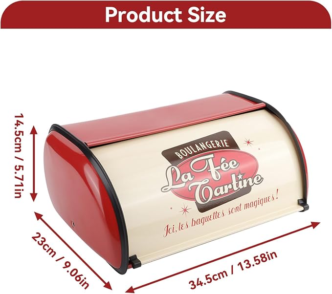 Metal Bread Storage Container, Large Capacity Vintage Roll Top Bread Box Bread Holder Bread Dispenser Kitchen Countertop Box for Kitchen Bread Storage 13.6 * 9.1 * 5.7 in (Red) - Image 2