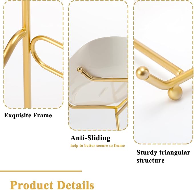 Large Size 3 Tier Ceramic Fruit Bowl,（13.4, 11 and 9.1 inch Plate）More Storage Space, Golden Metal Stand for Kitchen Counter,Porcelain Fruit Basket for Countertop, Snack, Nuts, Cake, Dessert - White - Image 3