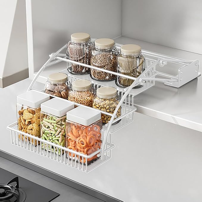 3-Tier Pull Down Spice Rack Organizer for Inside Cabinet Expandable Display Riser Shelf Seasoning Shelf (12.4IN/White) by HZBL-LPHardware