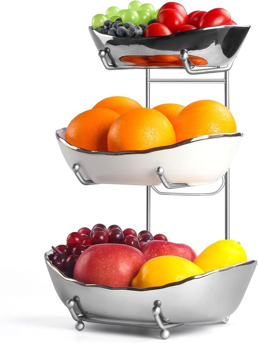 3 Tier Fruit Basket for Kitchen Counter, Modern Ceramic Fruit Bowl with Silver Metal Stand, Fruit Holder Stand for Snacks, Nuts, Cakes, Desserts, Bread, Candy Storage by Unknown