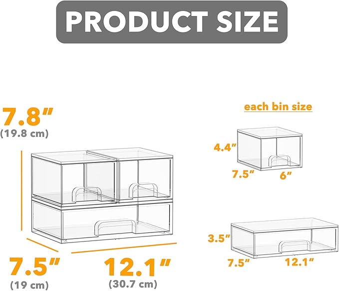SpaceAid Bottle Storage Organizer Baby - Acrylic Bottles Station Organizer Container, Stackable Clear Drawers for Countertop, Vanity, Bathroom, Cabinet, Pantry Organization, 3 Pack, 2S1L, 7.8"H - Image 2