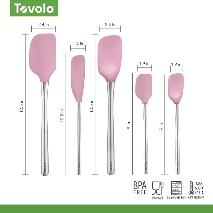 Tovolo Stainless Steel Handled Silicone Spatula Set of 5 Pink Sorbet, Dishwasher Safe Kitchen Spatula Set for Cooking Baking, Non Toxic BPA Free Silicone Spatula set with Metal Steel Handle - Image 6