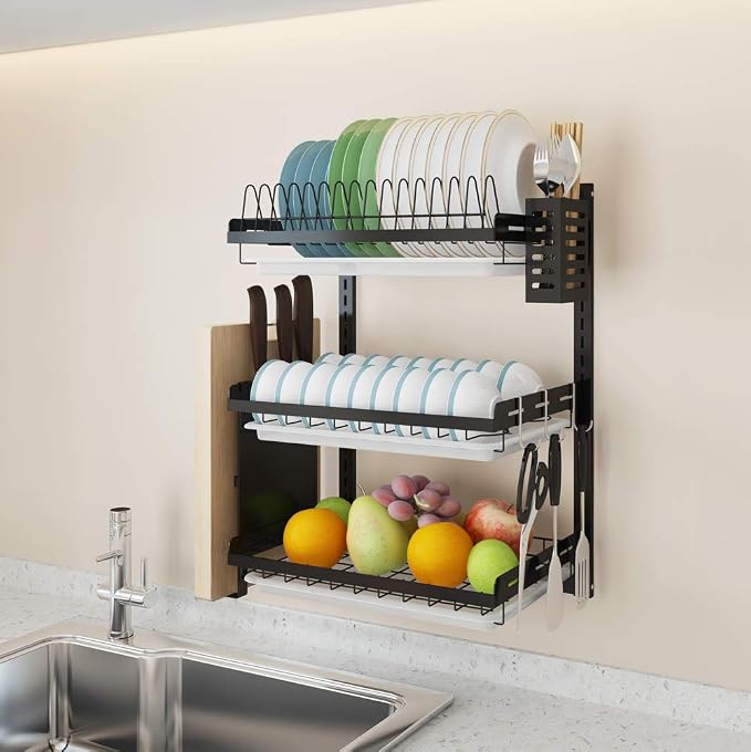 3 Tier Black Stainless Steel Dish Drying Rack Fruit Vegetable Storage Basket with Drainboard and Hanging Chopsticks Cage Knife Holder Wall Mounted Kitchen Supplies Shelf Utensils Organizer - Image 3