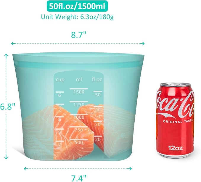 Large Reusable Storage Bag, 4 Pack 100% Silicone Food Storage Bags Stand Up Silicone Zip Lock Bags for Food Container, Freezer Microwave Oven Dishwasher Safe, Aqua, 50.7oz/ 1500ml - Image 3