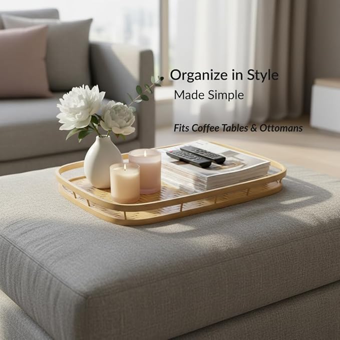 PEMAR Set of 4 Natural Bamboo Trays for Eating - Hand-Woven Handcrafted Rectangular Serving Trays with Handles - Unique Stackable Lap Trays for Dinner, TV Trays for Couch, Farmhouse Decor - Image 3