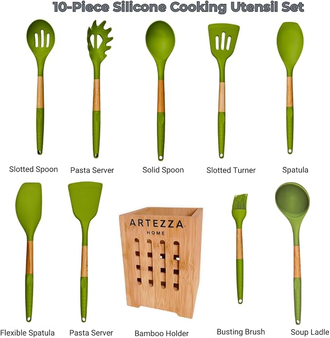 Green Silicone Kitchen Utensil Set – 10-Piece Cooking Tools with Wooden Handles & Ventilated Bamboo Holder, Heat-Resistant Silicone, Nonstick Safe, BPA-Free Kitchen Gadgets Set – Sage Green - Image 2