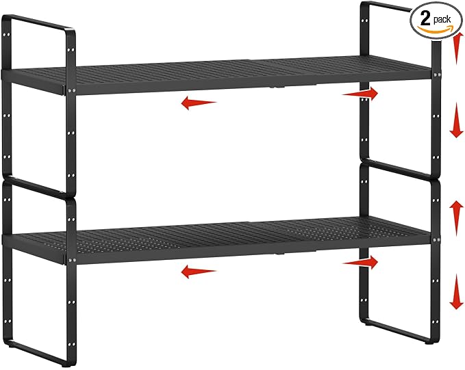 2Pcs Expandable Cabinet Countertop Shelves, 16.5''-27''L, Black | Adjustable Metal Spice Rack Organizer, Stackable, Kitchen Counter Storage, Cabinet Organization, 10.2" W x 9.6" H by jkxoo