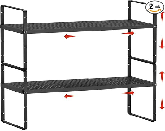 2Pcs Expandable Cabinet Countertop Shelves, 16.5''-27''L, Black | Adjustable Metal Spice Rack Organizer, Stackable, Kitchen Counter Storage, Cabinet Organization, 10.2" W x 9.6" H by jkxoo