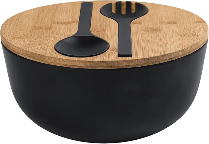 LOVYANXUE Bamboo Fiber Salad Bowl with Servers Set Large 9.8inches Nature Bamboo Mixing Bowl with Servers with Lid Spoon and Fork for Fruits,Salads and Vegetables by LOVYANXUE